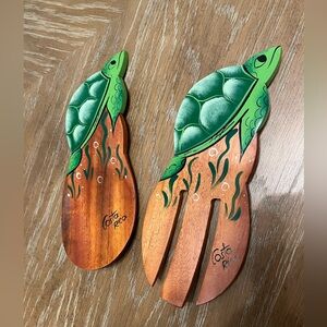 Wooden Spoon And Fork Salad Mixers With  Painted Turtles Costa Rica